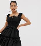 Missguided Petite Layered Shirred Waist Dress In Black - Black