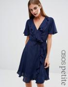 Asos Petite Wrap Midi Tea Dress In Plain - Navy