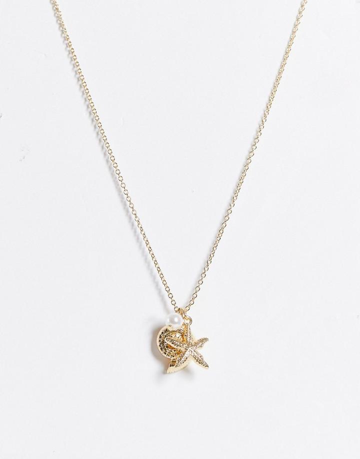Asos Design Necklace With Shell Cluster Pendants In Gold Tone
