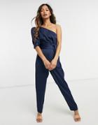 Asos Design One Shoulder Puff Sleeve Jumpsuit In Navy-blues