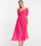 Asos Design Petite Ruched Front Pleated Midi Dress With Shirred Waist In Chevron Texture In Hot Pink
