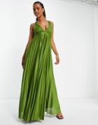 Asos Design Plunge Halter Cross Back Self Tie Pleated Maxi Dress In Olive-purple