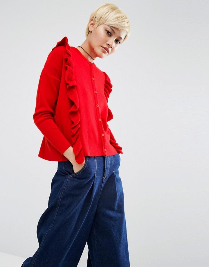 Asos Fine Cardigan With Ruffles - Red