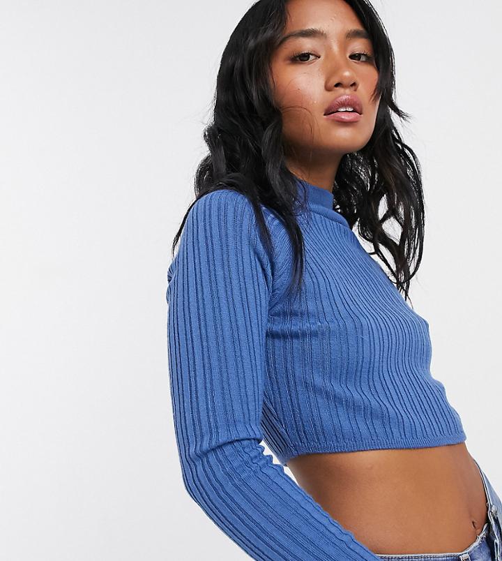 Asos Design Petite Crop Sweater With High Neck In Blue