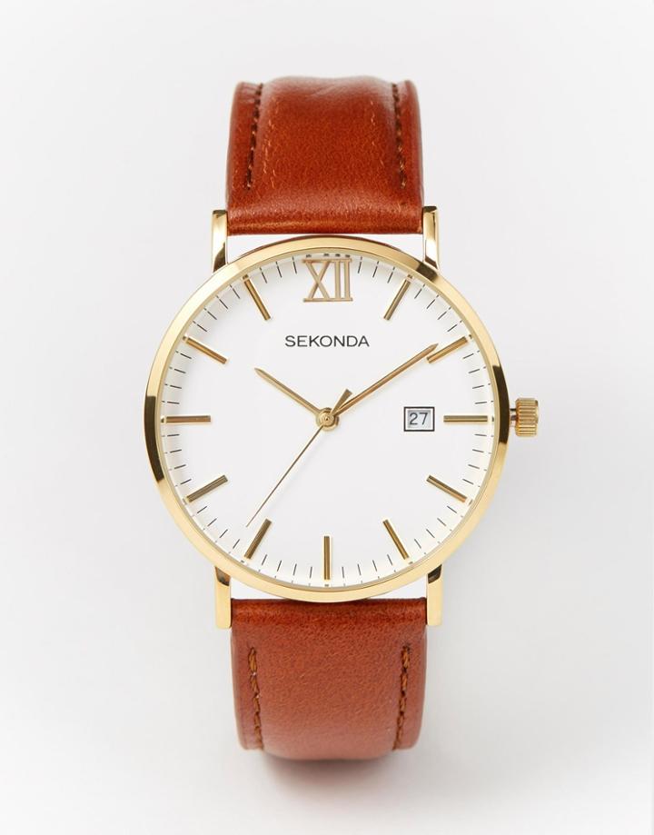 Sekonda Gold Detail Brown Leather Strap Watch - Brown