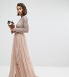 Maya Petite Long Sleeve Sequin Top Maxi Tulle Dress - Pink