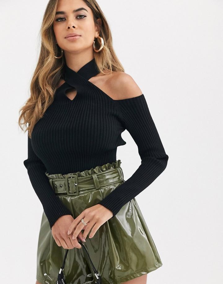 Asos Design Cross Neck Cut Out Rib Sweater In Fine Knit-black