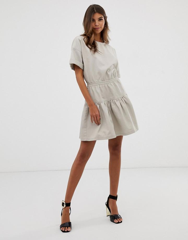 Asos Design Casual Cotton Gathered Waist Tiered Mini Dress-beige
