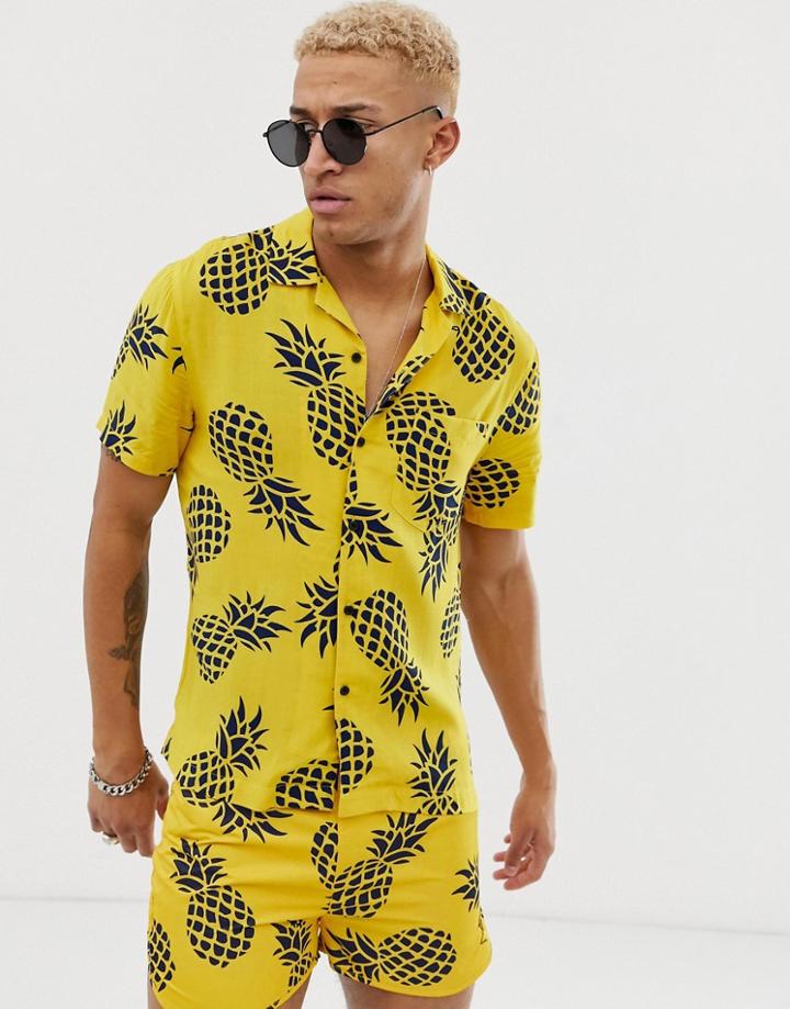 Religion Revere Collar Shirt With Pineapple Print - Yellow