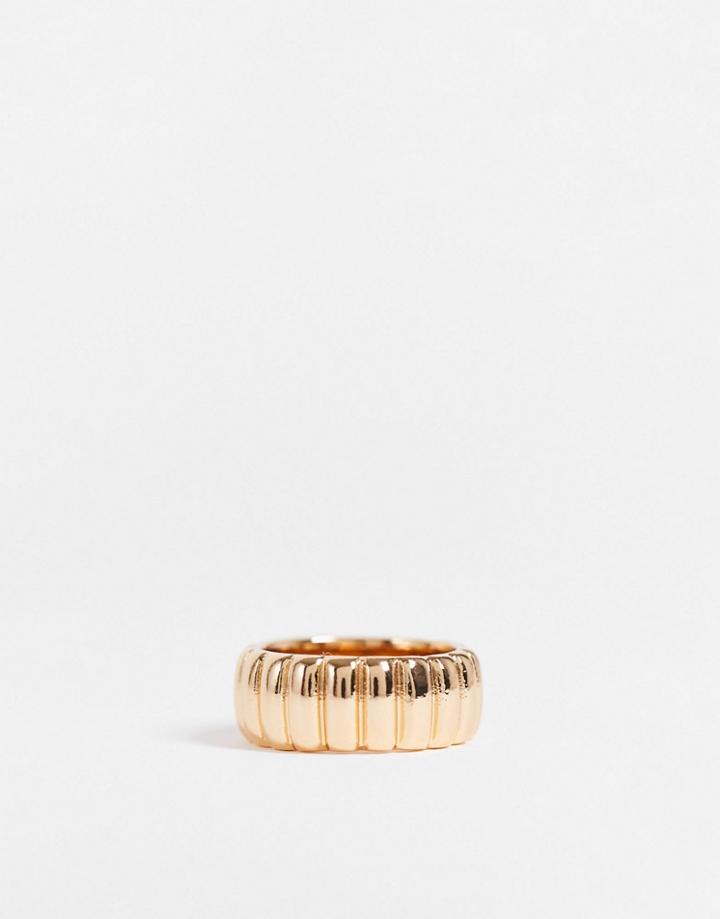 Asos Design Ring With Ribbed Texture In Gold Tone