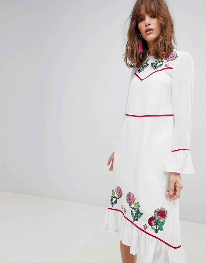 Asos Embroidered Yoke Western Midi Dress - Cream