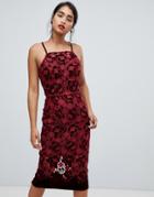 Chi Chi London Velvet Lace Cami Pencil Midi Dress In Wine-red