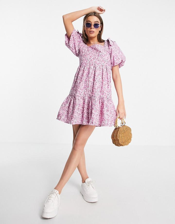 Influence Angel Sleeve Tiered Mini Dress In Purple Floral-multi