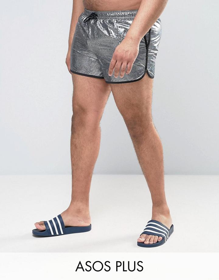Asos Plus Runner Swim Shorts In Silver Metallic Short Length - Silver
