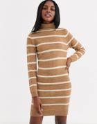 Brave Soul Roll Neck Contrast Stripe Sweater Dress In Camel-beige