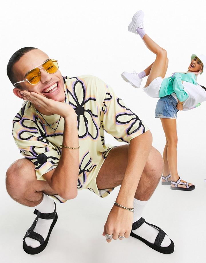 Asos Design Set Oversized T-shirt In Yellow With All Over Flower Print