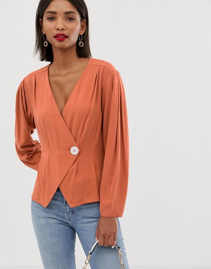 Asos Design Long Sleeve Asymmetric Wrap Top With Button Detail - Orange