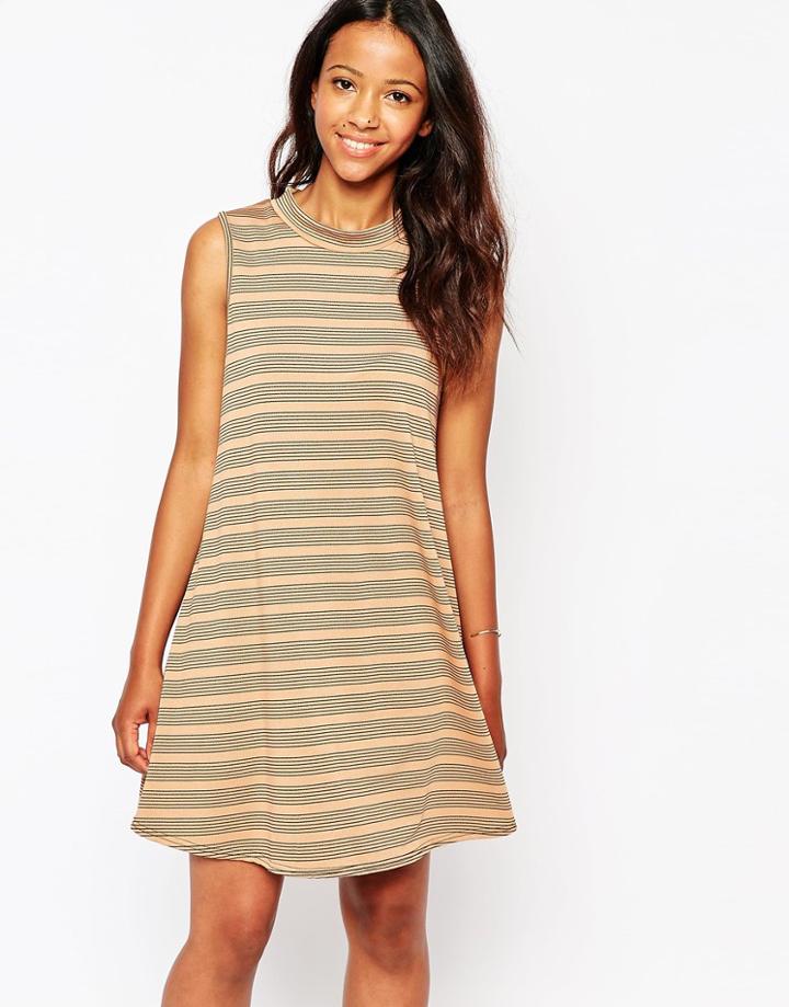 Daisy Street Swing Dress In Stripe Print - Camel