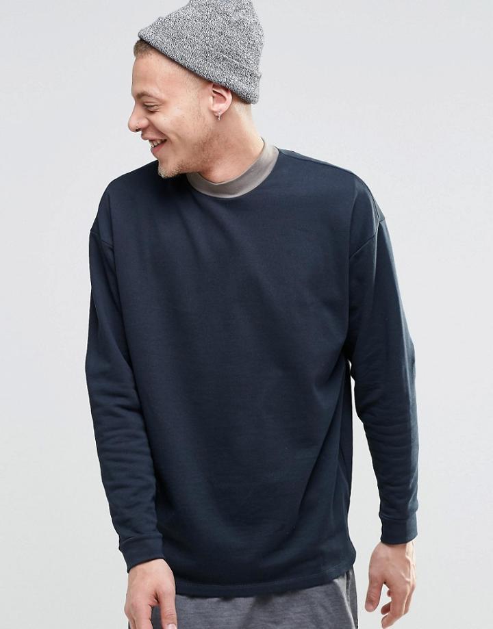 Asos Sweatshirt In Navy Jersey With Turtle Neck - Navy