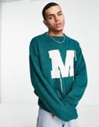 Mennace Varsity Knitted Sweater In Green With Off White Embroidery