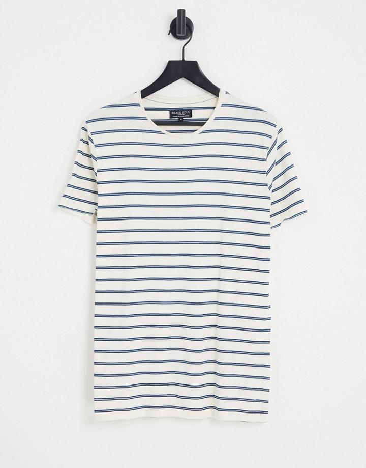 Brave Soul Stripde T-shirt In White & Navy