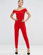 Asos Jersey Jumpsuit With Lace Wrap Bardot - Red