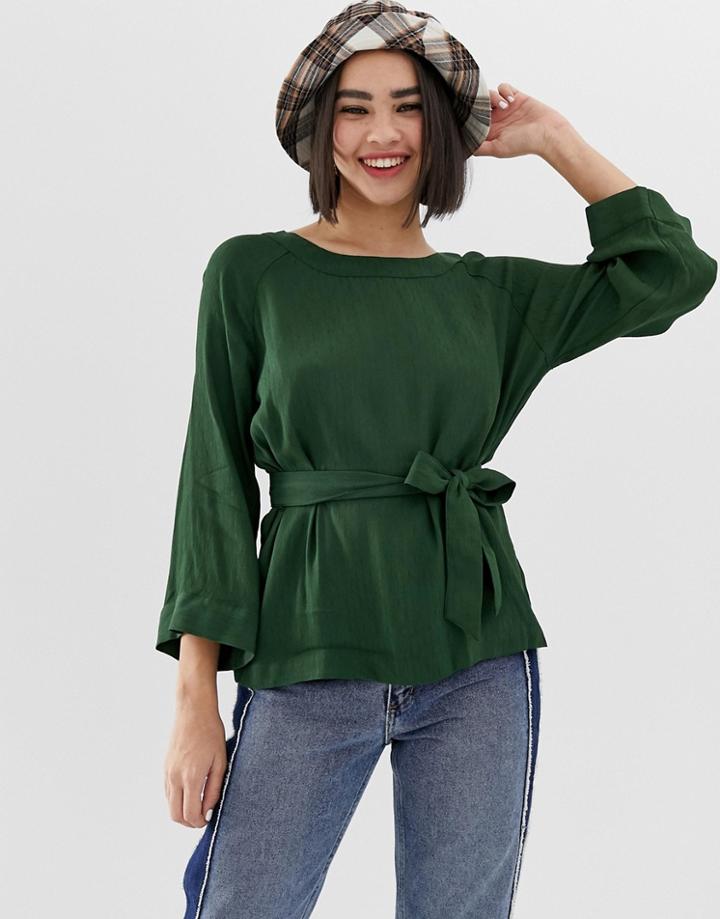 Monki Tie Waist Blouse In Green - Green