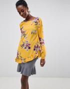 Vila Floral Top With Ruffle - Gold
