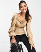 Asos Design Satin Long Sleeve Top With Shirred Waist In Gold