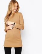 Asos Structured Knit Tunic With Button Up High Neck - Tobacco