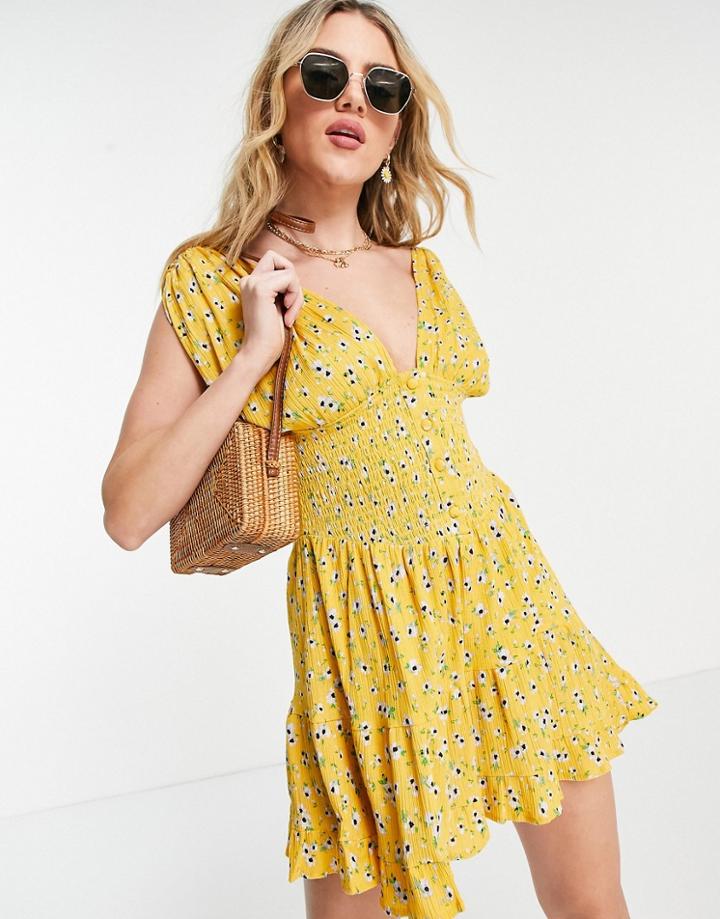 Asos Design Shirred Waist Button Front Tiered Mini Sundress In Yellow Floral Print-multi