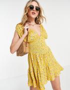 Asos Design Shirred Waist Button Front Tiered Mini Sundress In Yellow Floral Print-multi