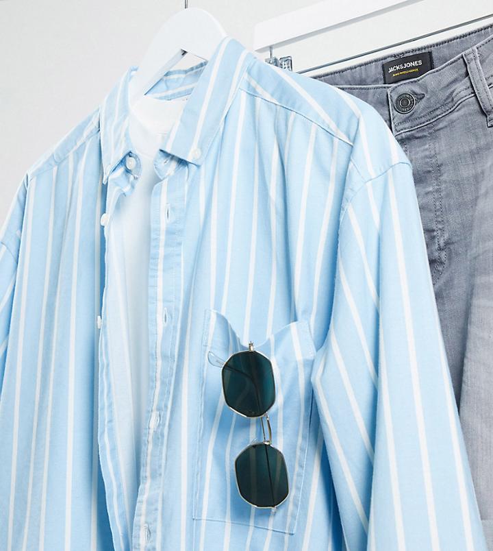 Asos Design Tall 90s Oversized Shirt In Blue Oxford Stripe-blues