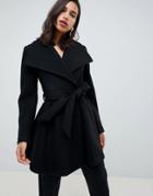 Asos Design Waterfall Collar Coat With Tie Belt - Black
