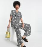 Asos Design Tall Bubble Crepe Double Breasted Smock Jumpsuit In Gingham Floral-multi