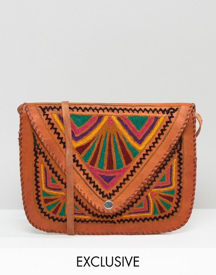 Reclaimed Vintage Embroidered Leather Saddle Bag - Tan