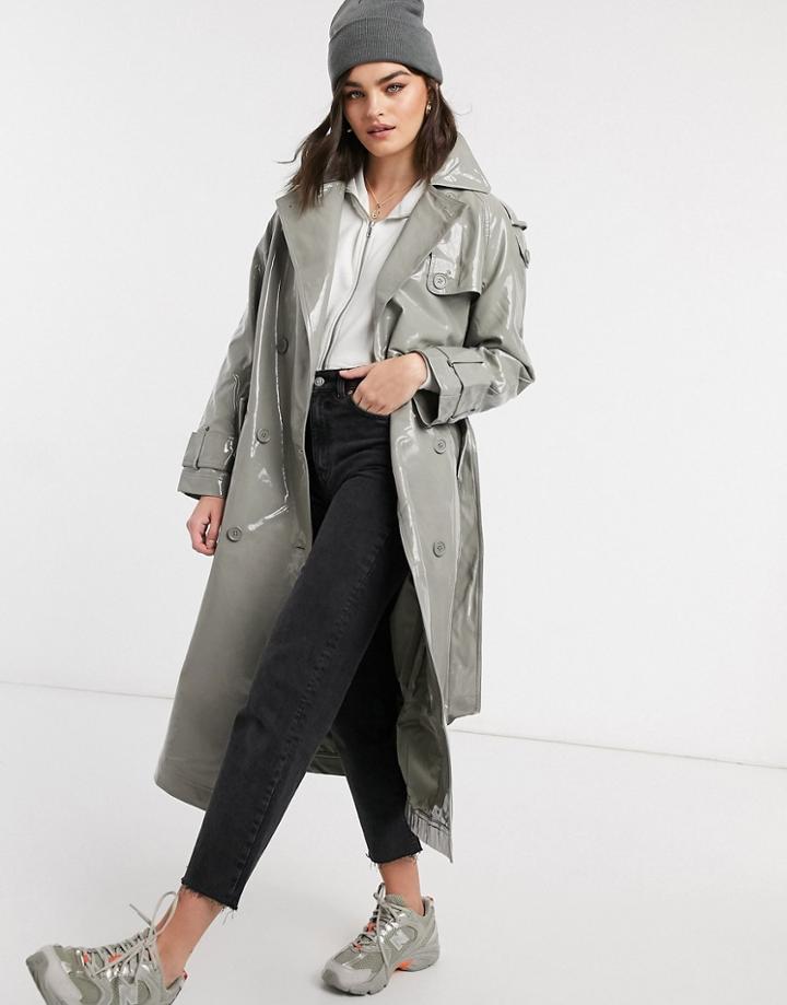 Asos Design Vinyl Trench Coat In Sage-green