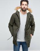 !solid Parka With Faux Fur Hood - Green