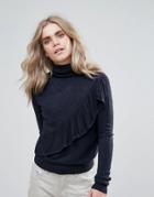 Jdy Cassia Frill Turtleneck Knit Sweater - Navy