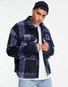Asos Design Oversized Wool Mix Harrington Jacket In Blue Plaid-navy