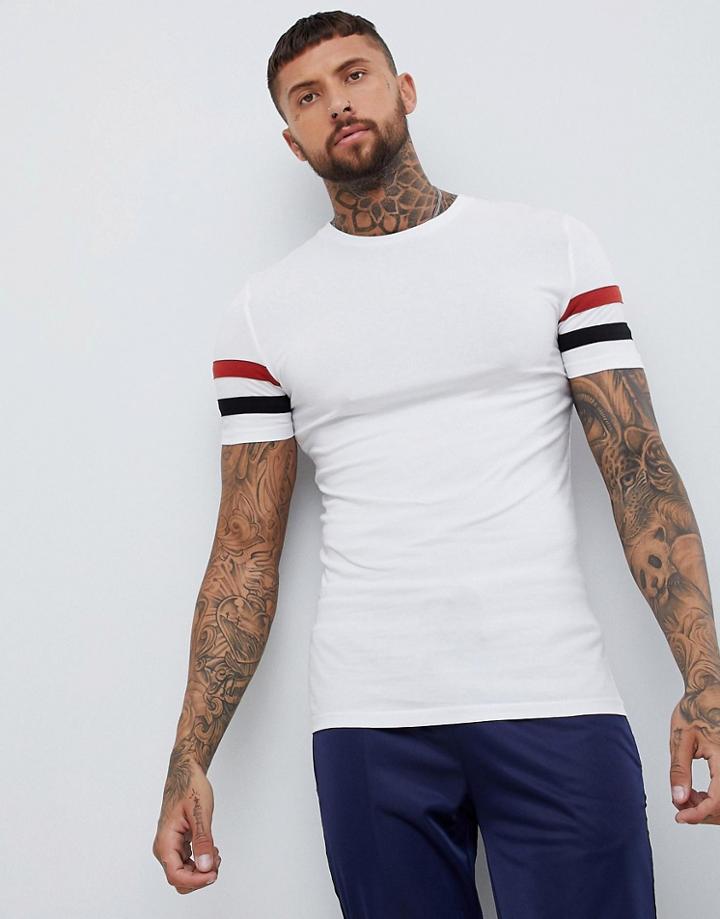 Asos Design Muscle T-shirt With Contrast Sleeve Panels In White - White