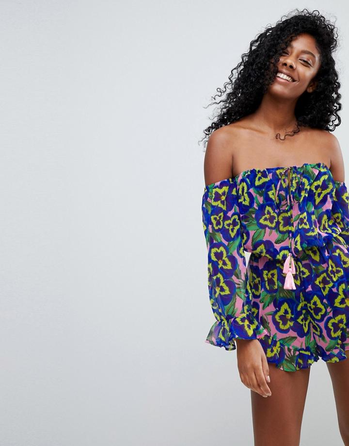 Asos Pretty Pansy Print Frill Beach Romper - Multi