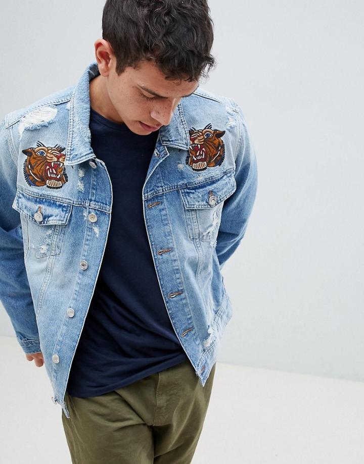Jack & Jones Intelligence Denim Jacket With Embroidery Details - Blue