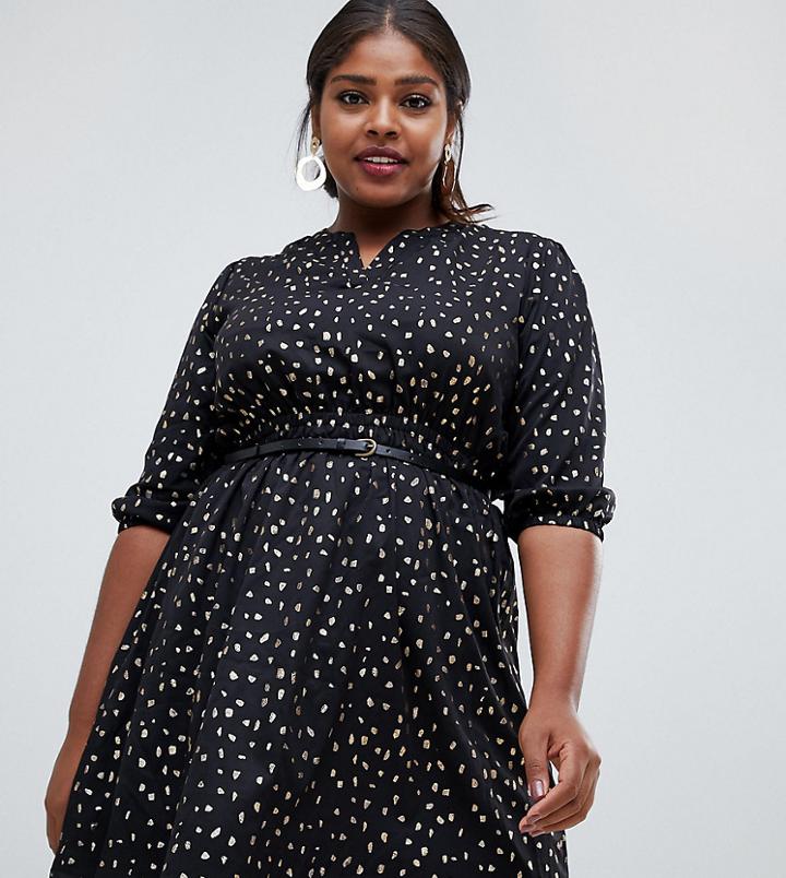 Yumi Plus Belted Dress With 3/4 Sleeves In Foil Spoldge Print - Black