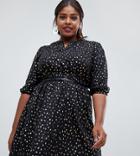 Yumi Plus Belted Dress With 3/4 Sleeves In Foil Spoldge Print - Black