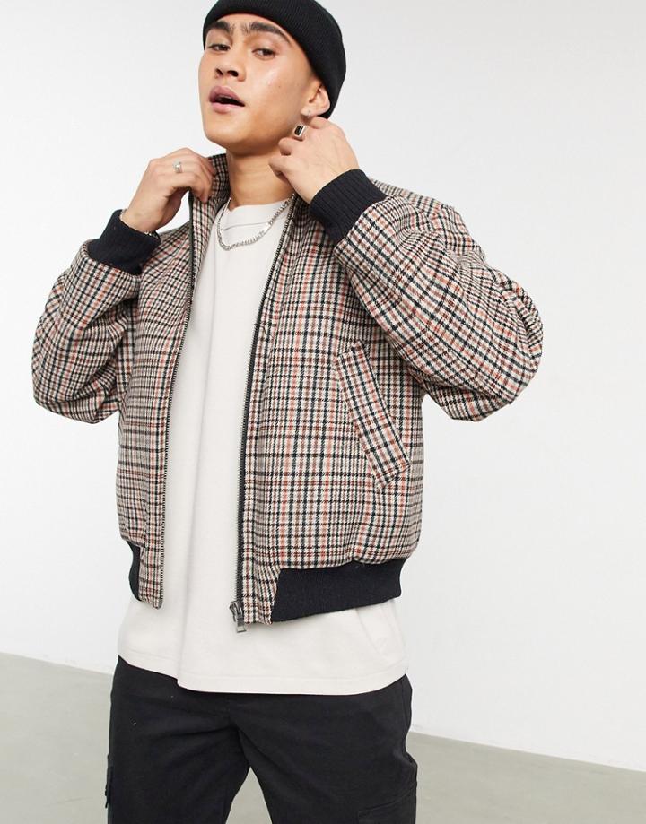 Asos Design Oversized Wool Mix Funnel Neck Bomber Jacket In Gray Check-white