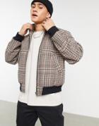 Asos Design Oversized Wool Mix Funnel Neck Bomber Jacket In Gray Check-white
