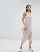 Asos Design Jersey Jumpsuit With Drop Crotch And Harem Pant In Tie Dye - Pink