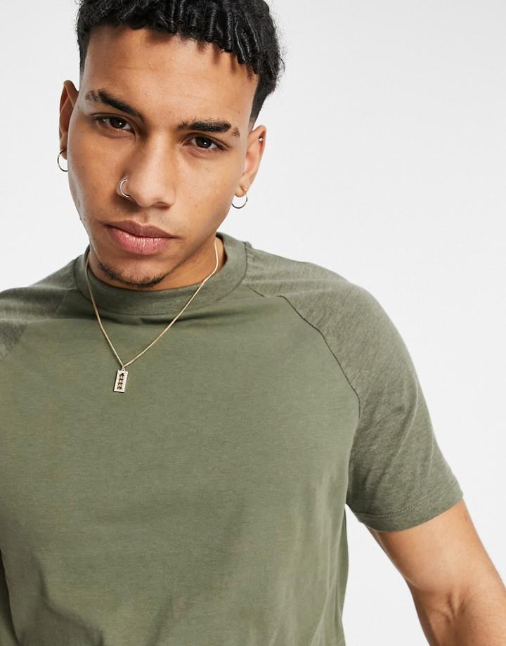 Asos Design Organic Blend Cotton Raglan T-shirt With Crew Neck In Khaki-green