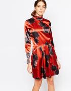Ganni Satin Dress With High Neck In Floral Print - Rust 942